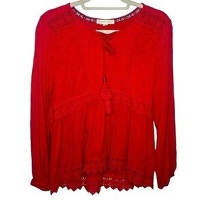Farmer's Market Red Boho Long Sleeve Lace Top Size Small